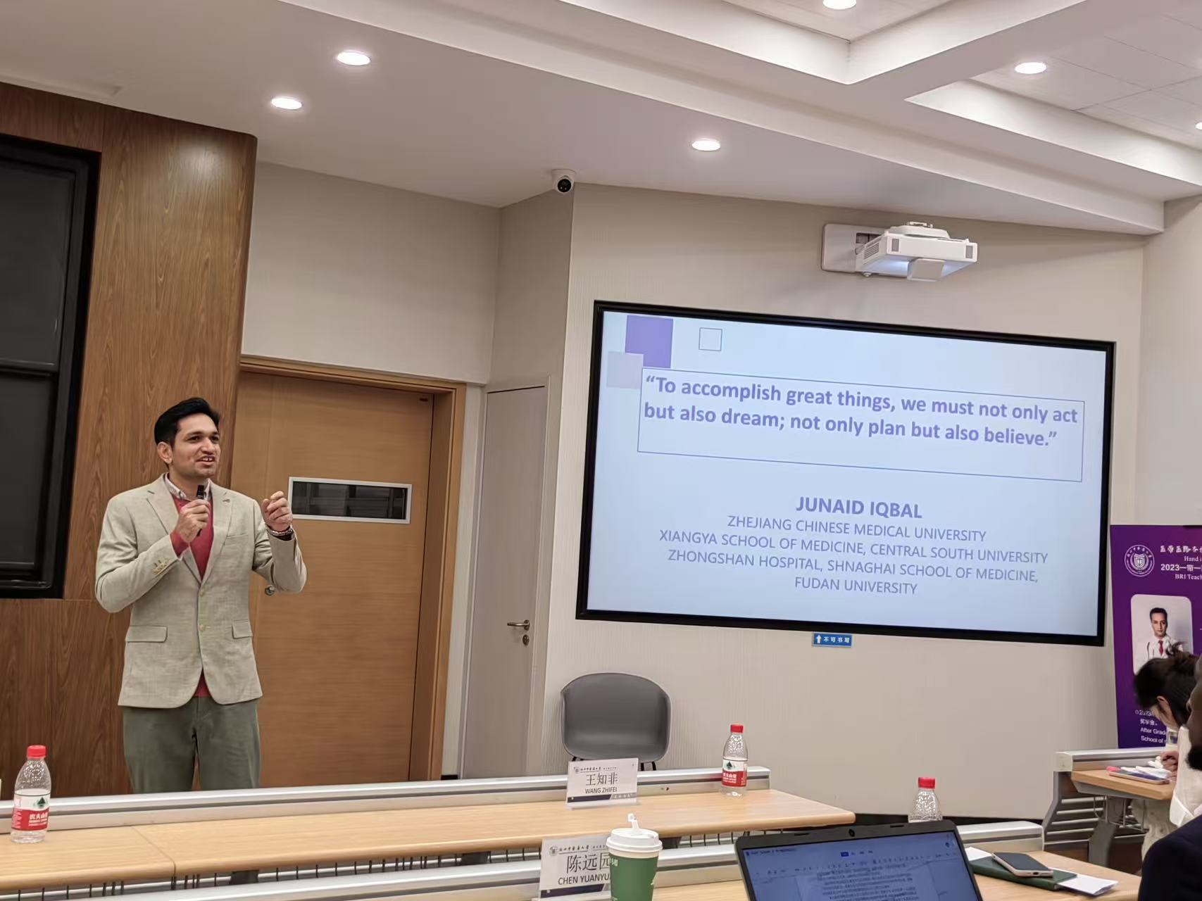 Dr. Junaid Iqbal delivering a motivational speech to new coming medical students